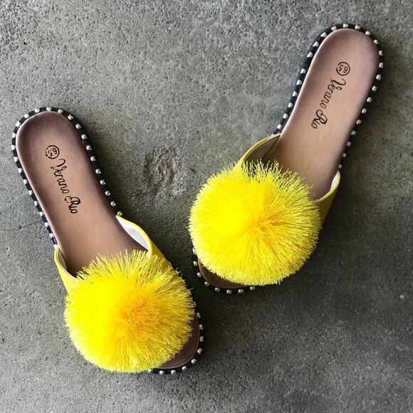 RESTOCK! Fun Yellow Pom Stud Slide On Padded Mule Sandals - Picture 6 of 15